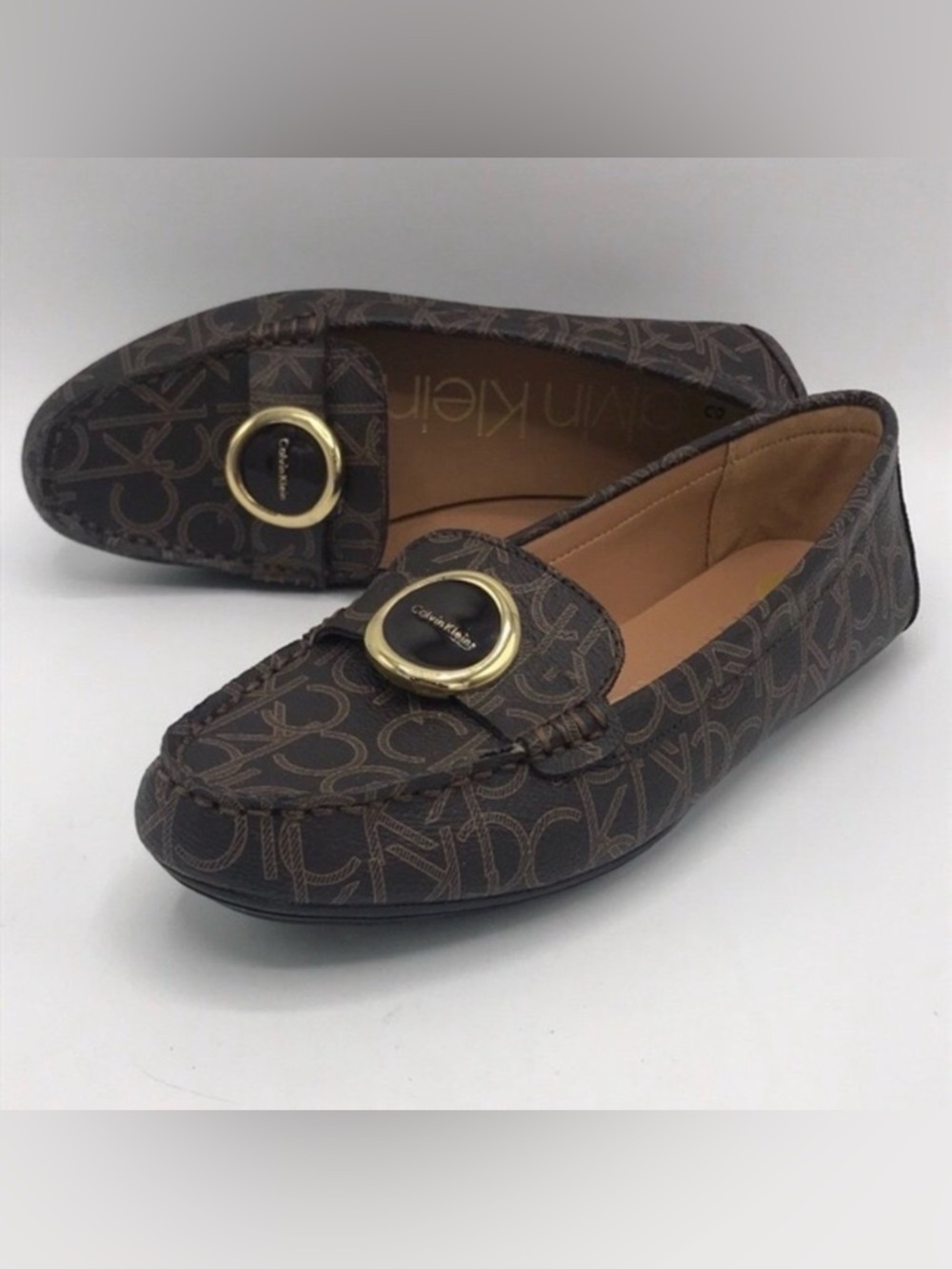 Calvin Klein Leana Brown Logo Loafers with Gold Medallion